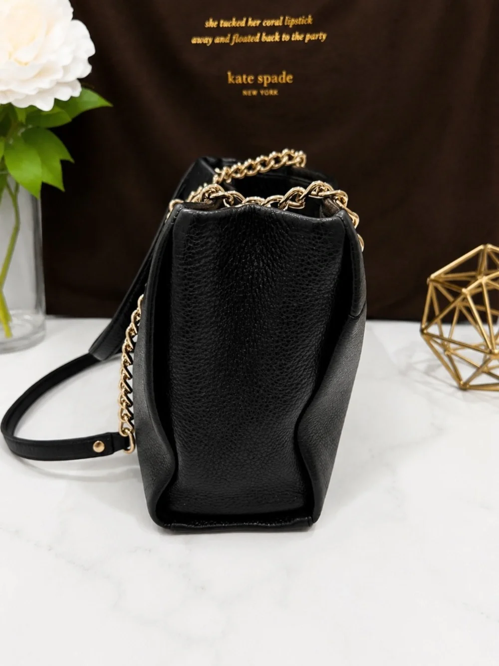 Kate Spade New York Black Pebbled Leather Tote w/ Gold Chain Handles & Dust Bag